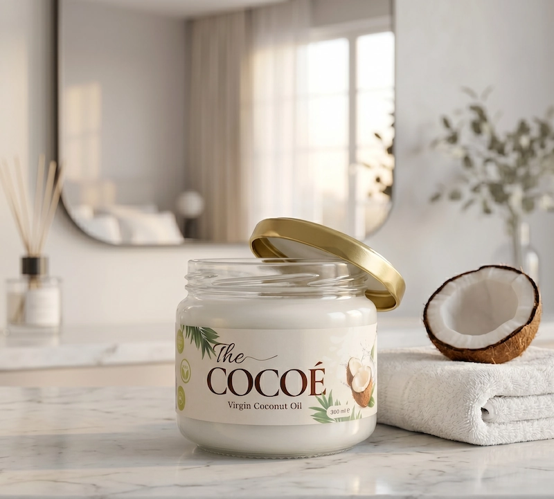 The COCOÉ soğuk sıkım hindistan cevizi yağı kavanozu ile gece boyu yaşlanma karşıtı cilt bakım ve mühürleme ritüeli